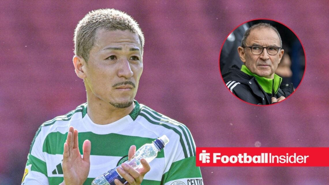 Daizen Maeda applauding at Celtic, with Martin O'Neill in a circular inset