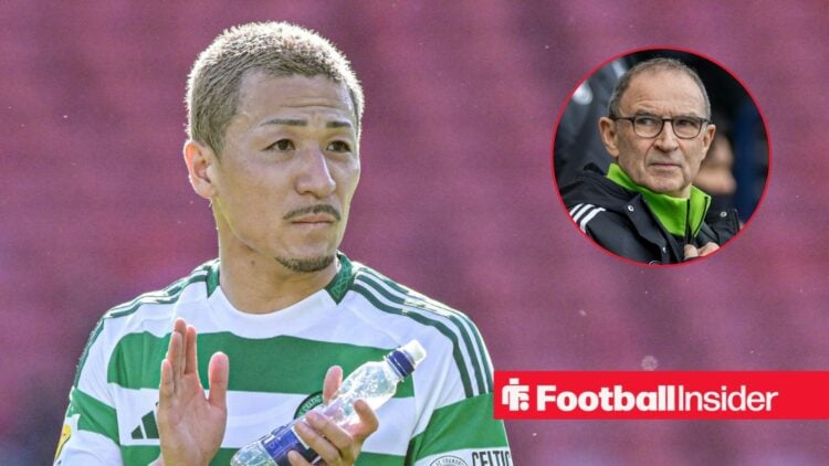 Daizen Maeda applauding at Celtic, with Martin O'Neill in a circular inset