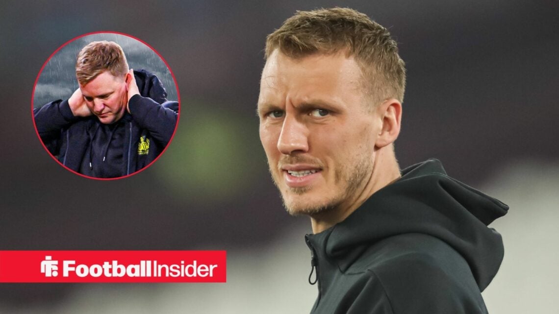 Newcastle defender Dan Burn alongside a circular inset of Eddie Howe