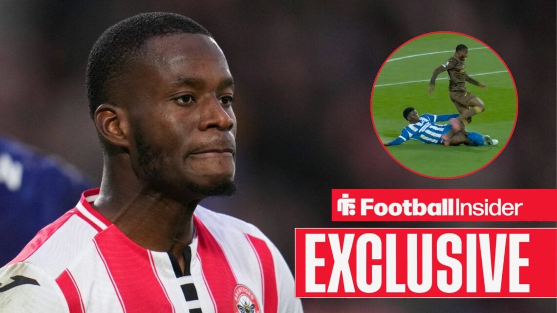 Dango Ouattara playing for Brentford, his dive against Brighton in a circular inset