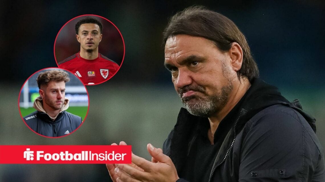 Daniel Farke clapping, Ethan Ampadu and Joe Rodon in a circular insets