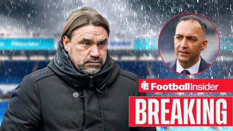 Daniel Farke in the rain at Elland Road, with Paraag Marathe in a circular inset