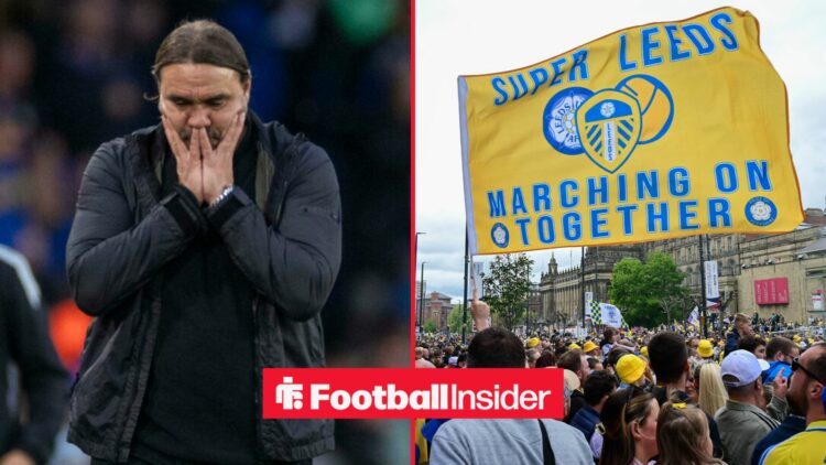 Leeds United manager Daniel Farke has his head in his hands, as Leeds fans wave a flag on the right of the image.