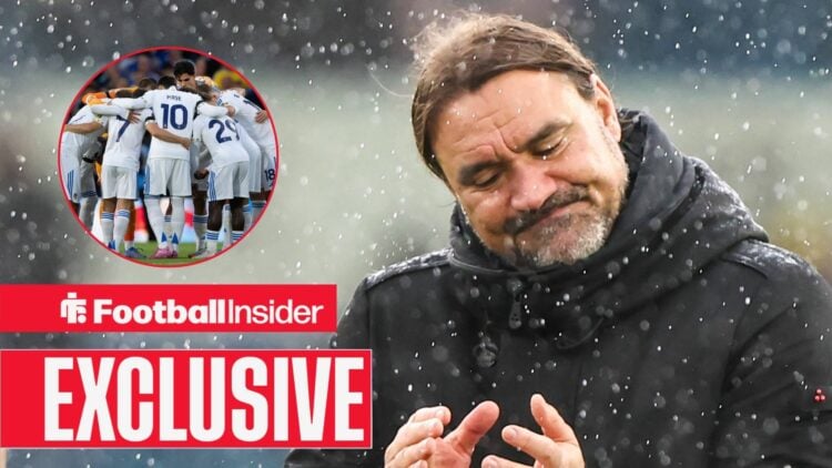 Daniel Farke in the pouring rain, Leeds United squad in a circular inset