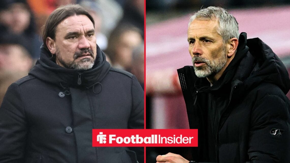 Daniel Farke on the sidelines at Leeds, with Marco Rose in the dugout at RB Leipzig