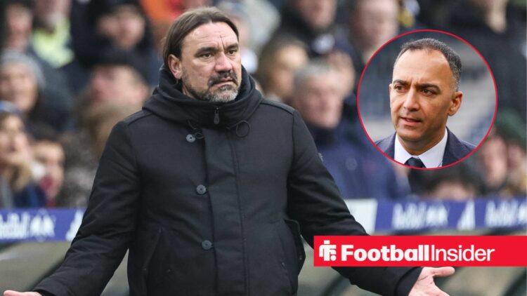 Leeds United manager Daniel Farke stands with his arms spread wide on the touchline, as chairman Paraag Marathe looks frustrated in a circular inset.