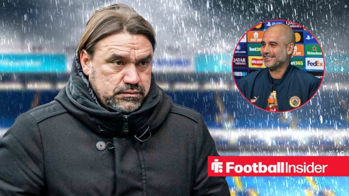 Daniel Farke in the pouring rain, Pep Guardiola smiling in a circular inset