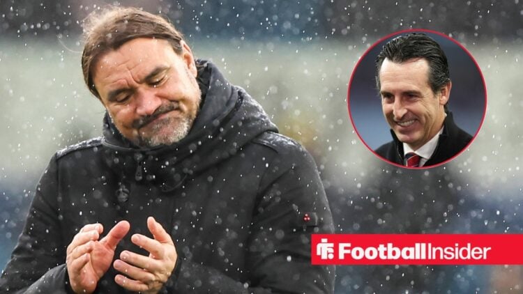 Daniel Farke in the pouring rain, Unai Emery in a circular inset