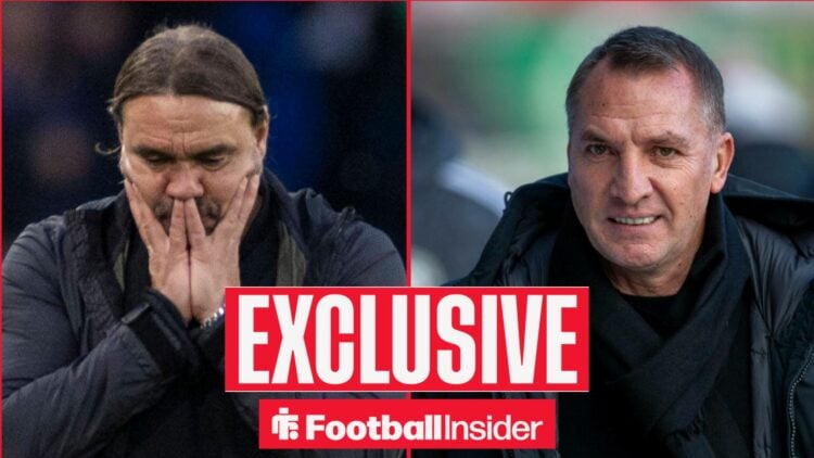 Daniel Farke with his head in his hands for Leeds on the left and a smiling Brendan Rodgers on the right