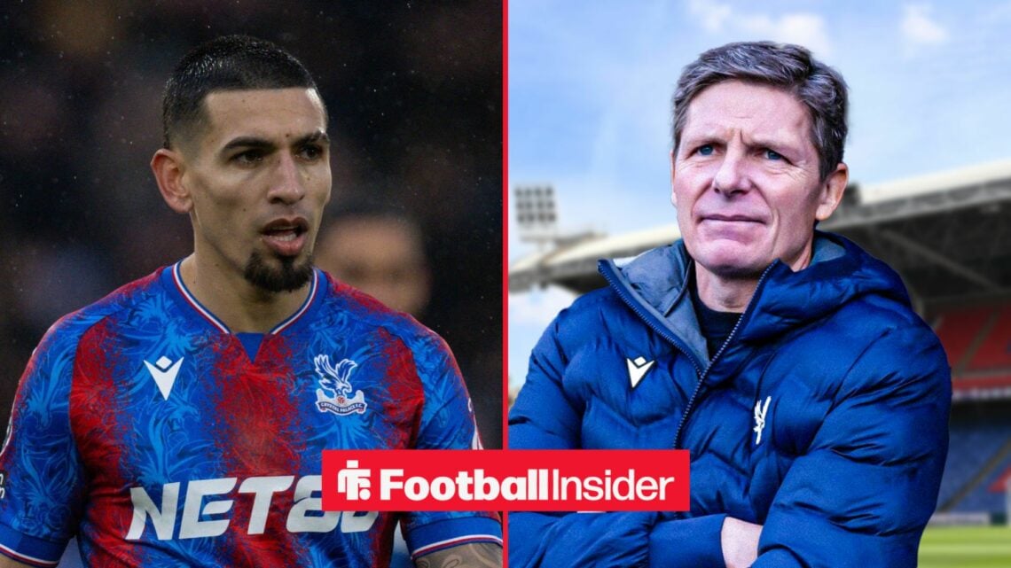 Daniel Munoz in action for Crystal Palace, and Oliver Glasner with his arms crossed