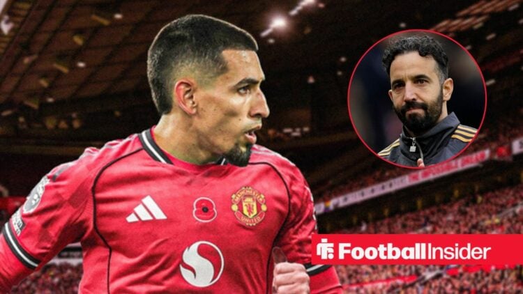 Daniel Munoz edited in a Man United shirt, with Ruben Amorim in a circular inset