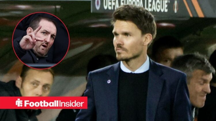 Danny Rohl on the sidelines at Rangers, with Kevin Thelwell in a circular inset