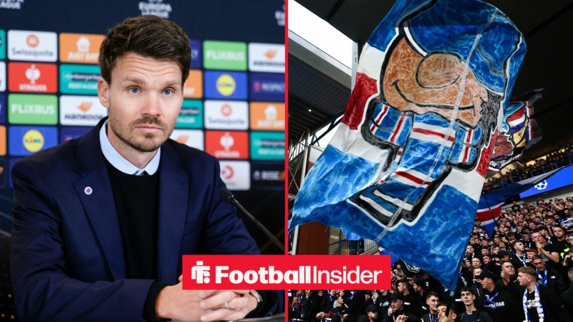A split image as Rangers manager Danny Rohl sits in a press conference on the right, as the fans wave a giant flag on the left.