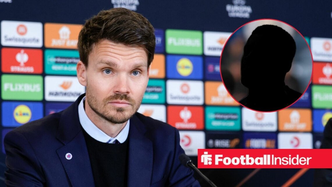 Danny Rohl looking focused in a Rangers press conference on the left with Nasser Djiga's silhouette on the right