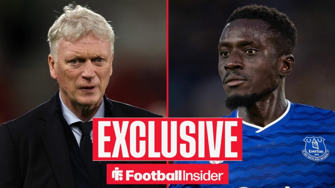 Football Insider exclusive as Everton manager David Moyes looks concerned in the left half of the image, while Idrissa Gueye is in action on the ri...