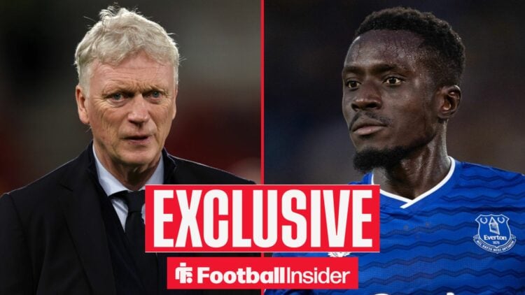 Football Insider exclusive as Everton manager David Moyes looks concerned in the left half of the image, while Idrissa Gueye is in action on the ri...