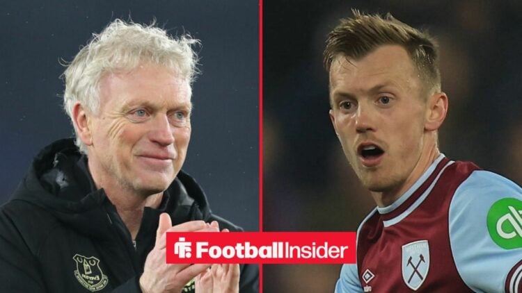 David Moyes applauding at Everton, with James Ward-Prowse in action for West Ham