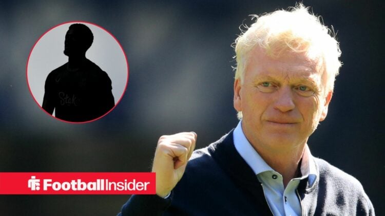 David Moyes fist-pumping, Tim Iroegbunam's silhouette in a circular inset