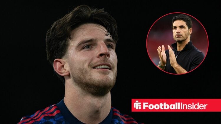 Declan Rice smiling for Arsenal with Mikel Arteta clapping on the right