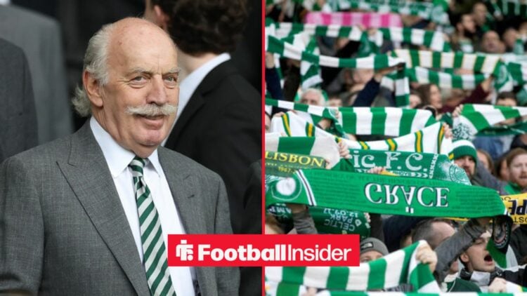 Dermot Desmond in attendance at Parkhead, and Celtic fans holding scarves