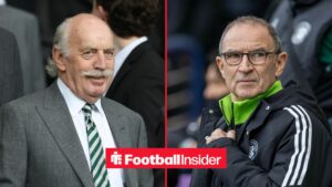 Dermot Desmond in the stands at Celtic, with Martin O'Neill on the sidelines