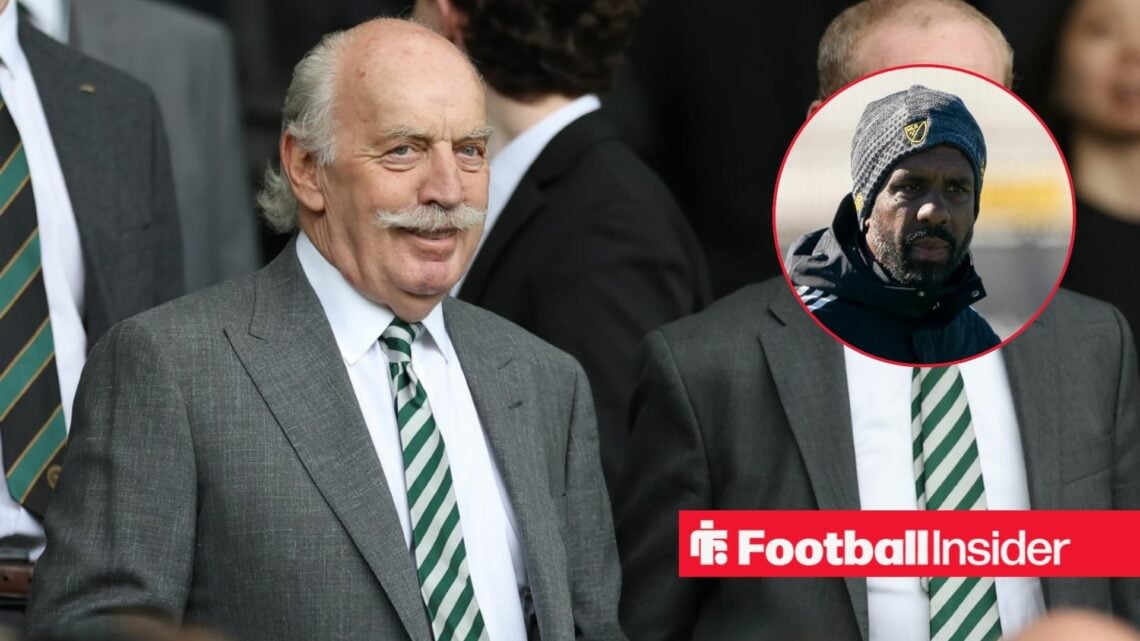 Dermot Desmond next to a circular inset of Wilfried Nancy