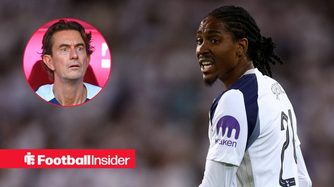 Djed Spence playing for Tottenham, Thomas Frank in a circular inset