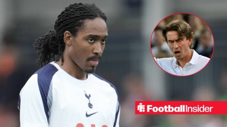 Djed Spence looking focused for Tottenham on the left with Thomas Frank shouting on the right