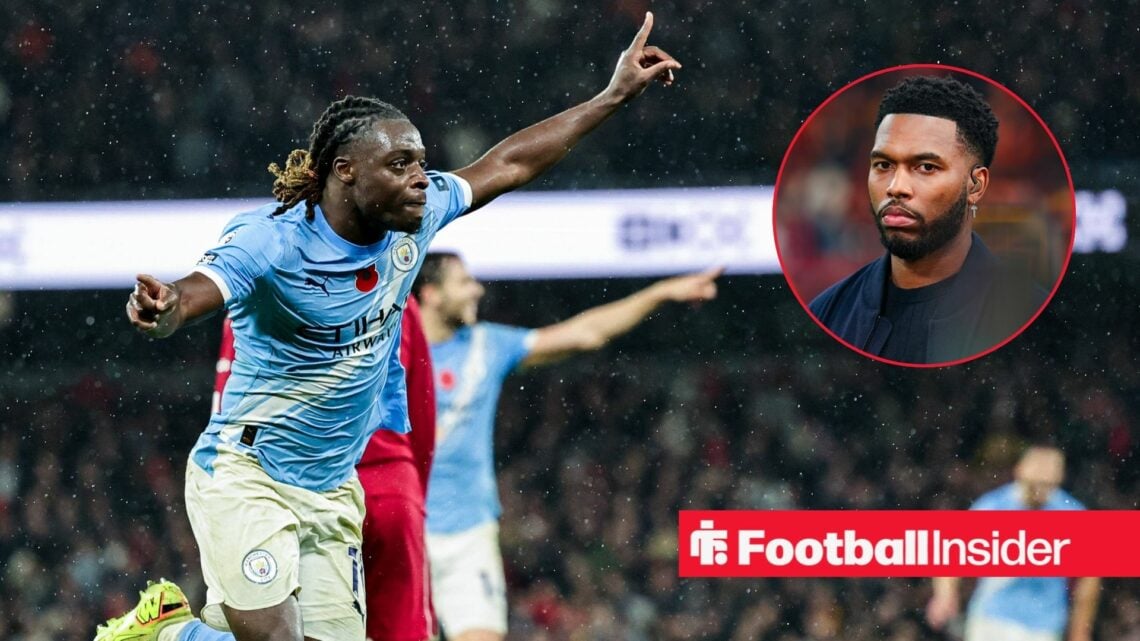 Man City star Jeremy Doku celebrating with Daniel Sturridge inset