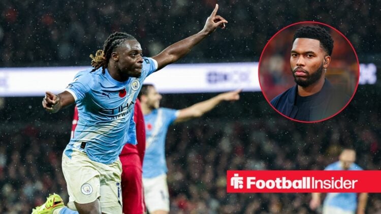 Man City star Jeremy Doku celebrating with Daniel Sturridge inset