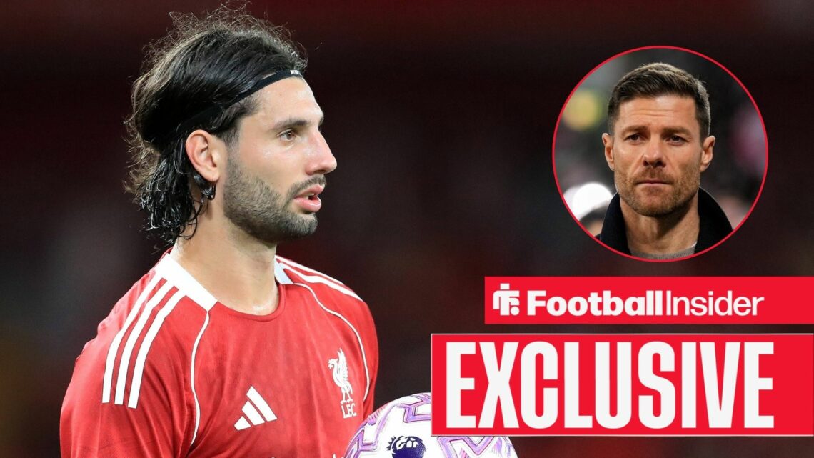 Dominik Szoboszlai on the left holding a ball for Liverpool with Xabi Alonso focused on the right