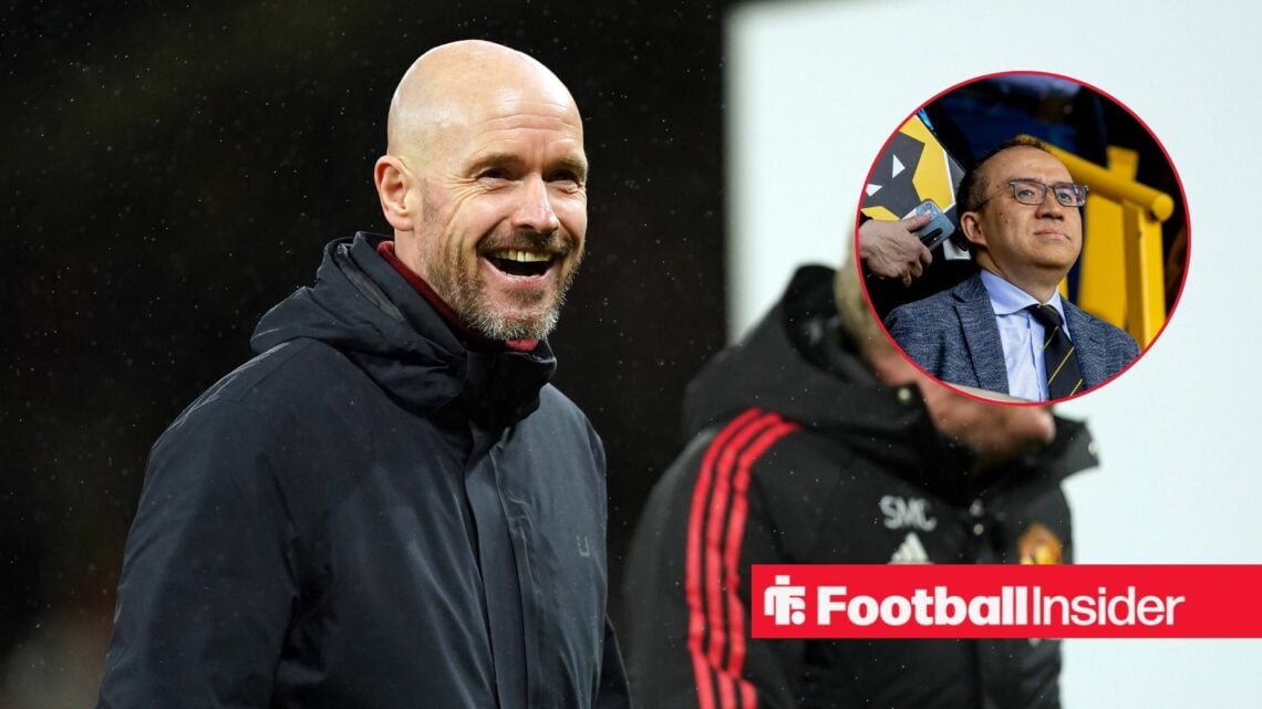 Erik ten Hag smiling with Wolves chairman Jeff Shi inset