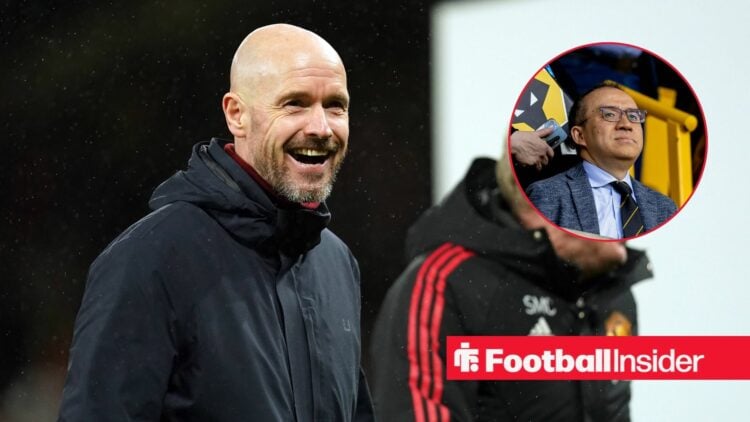 Erik ten Hag smiling with Wolves chairman Jeff Shi inset