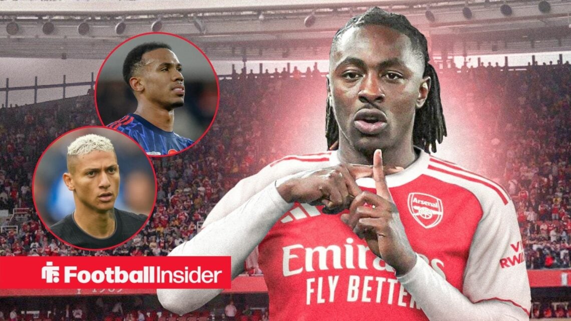 Arsenal star Eberechi Eze celebrates a goal at the Emirates Stadium, as Gabriel and Richarlison watch on from circular insets.