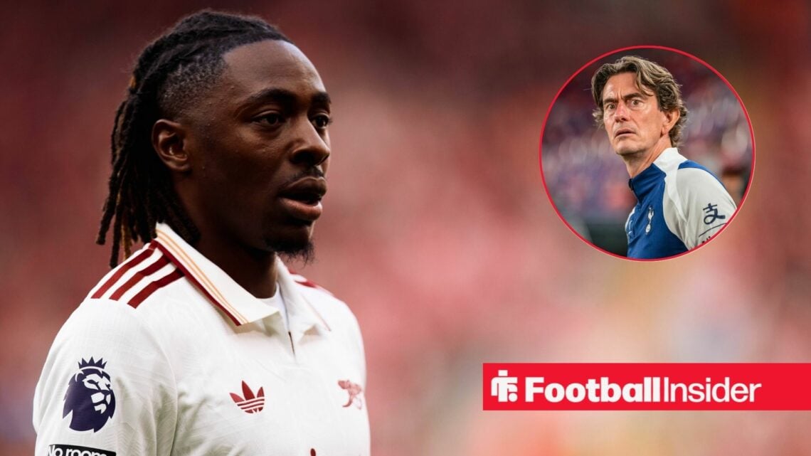 Eberechi Eze playing for Arsenal, Thomas Frank in a circular inset