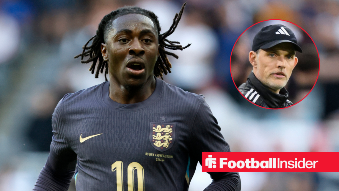 Eberechi Eze alongside a circular inset of Thomas Tuchel