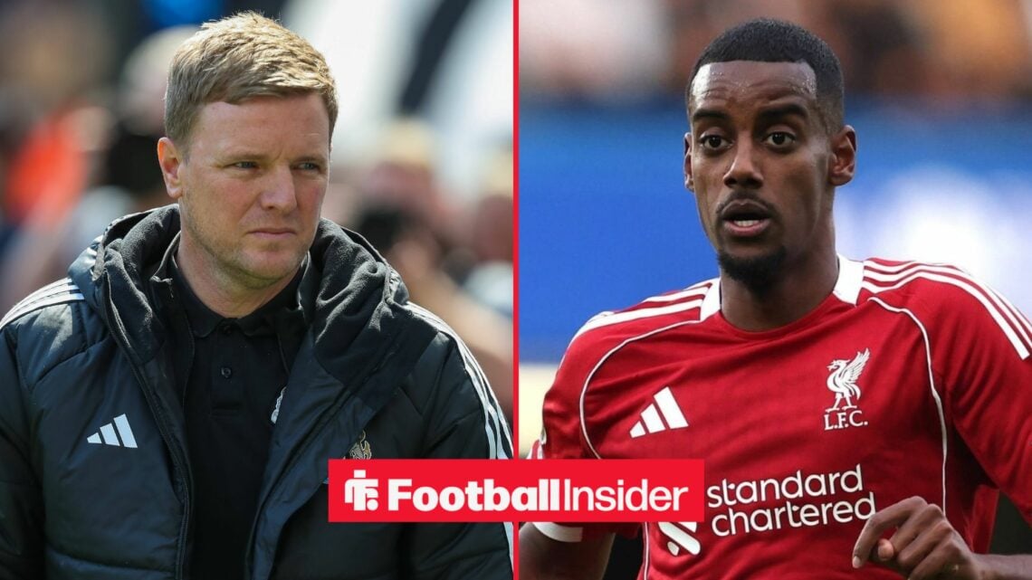 Eddie Howe looking angry alongside Alexander Isak in a Liverpool shirt