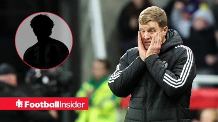 Eddie Howe disappointed, Anthony Gordon's silhouette in a circular inset