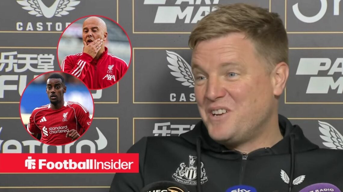 Eddie Howe in a press conference, Arne Slot and Alexander Isak in circular insets