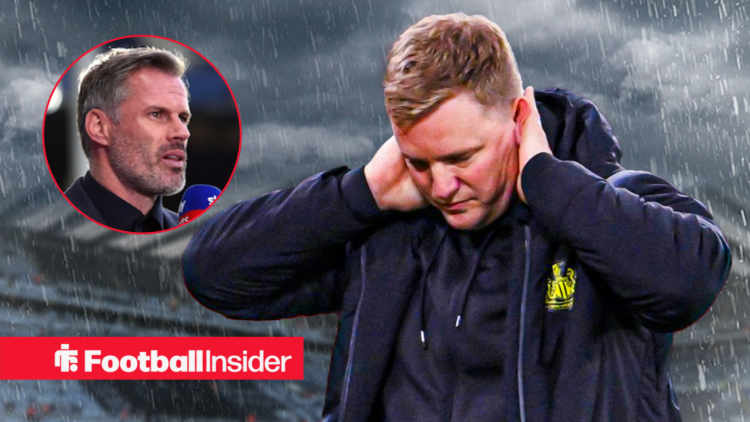 Newcastle manager Eddie Howe against a rainy backdrop of St James' Park alongside a circular inset of Jamie Carragher
