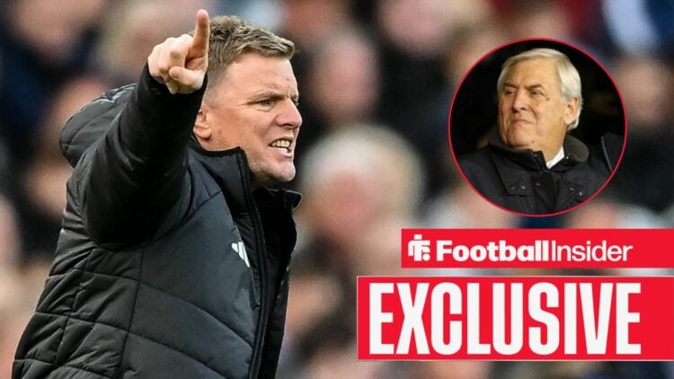 Eddie Howe shouting on the sidelines, Keith Hackett in a circular inset