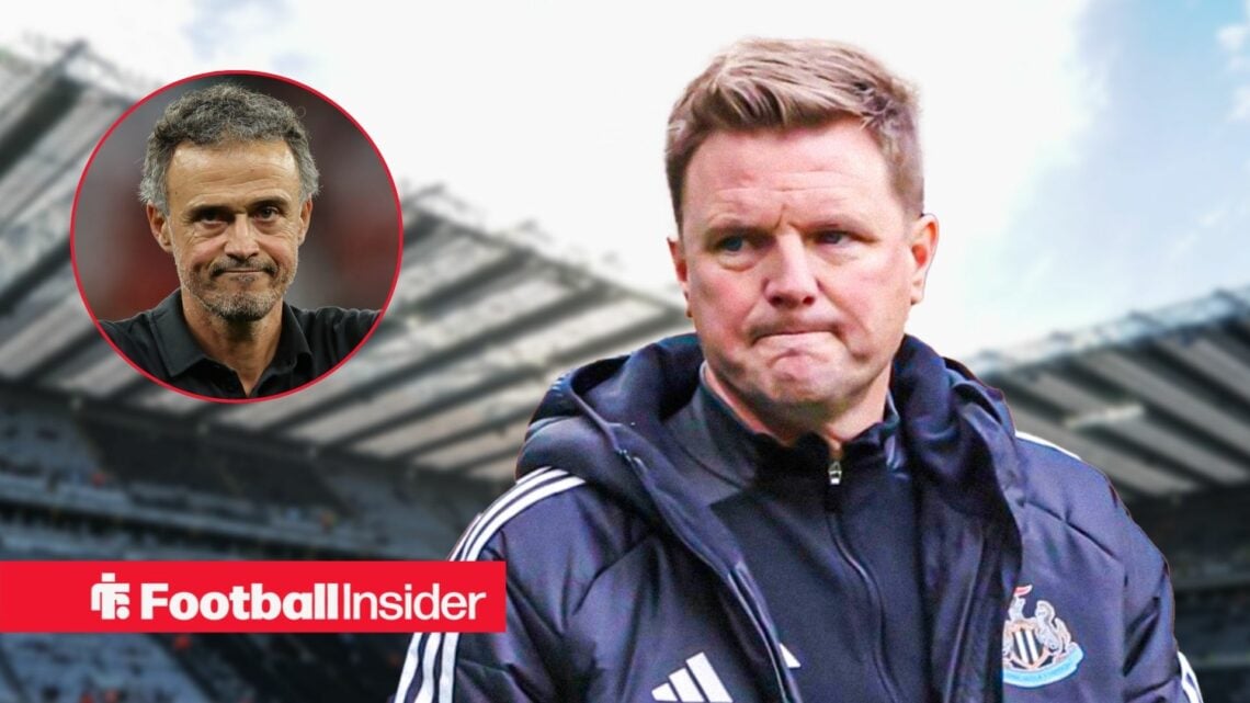 Eddie Howe on the sidelines at St James' Park, with Luis Enrique in a circular inset