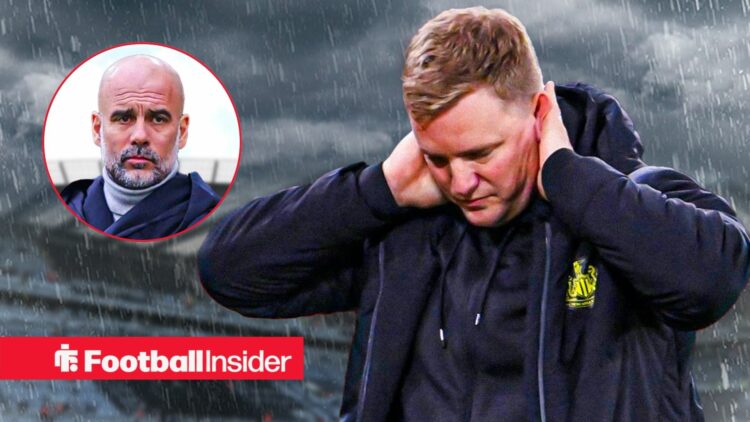 Newcastle United manager Eddie Howe stands in the rain with his hands on his head, as Manchester City boss Pep Guardiola looks bemused in a circula...