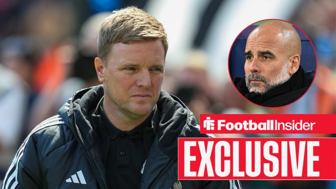 Football Insider exclusive as Newcastle United manager Eddie Howe glances towards a circular inset, where Manchester City boss Pep Guardiola looks ...