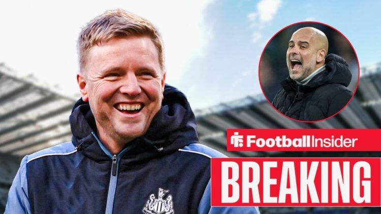 Eddie Howe smiling at St James' Park, with Pep Guardiola in a circular inset