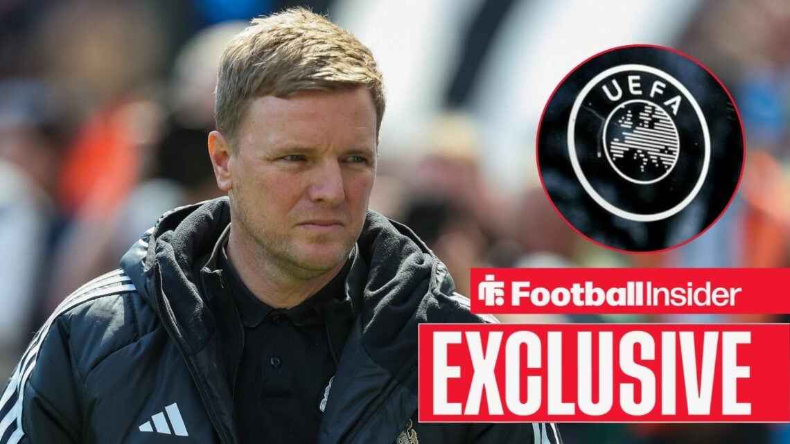 Football Insider exclusive as Newcastle United manager Eddie Howe glances towards the UEFA logo, which features in a circular inset.