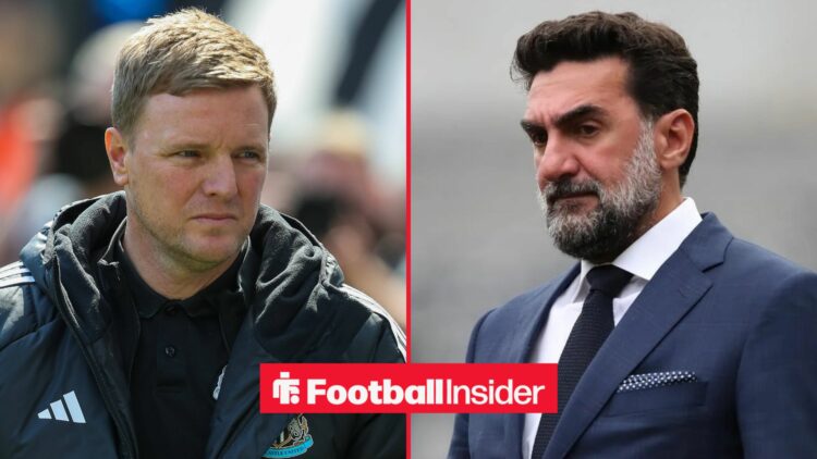 Eddie Howe looking serious alongside Yasir Al-Rumayyan looking concerned