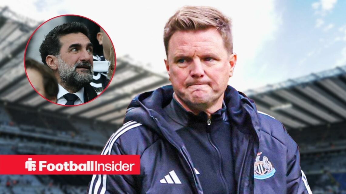 Eddie Howe looking unimpressed with Yasir Al-Rumayyan included in a circular inset