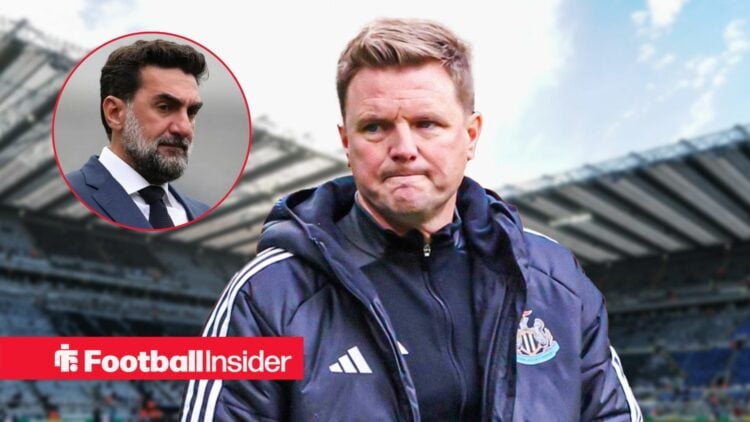 Eddie Howe looking unimpressed with Yasir Al-Rumayyan included in a circular inset