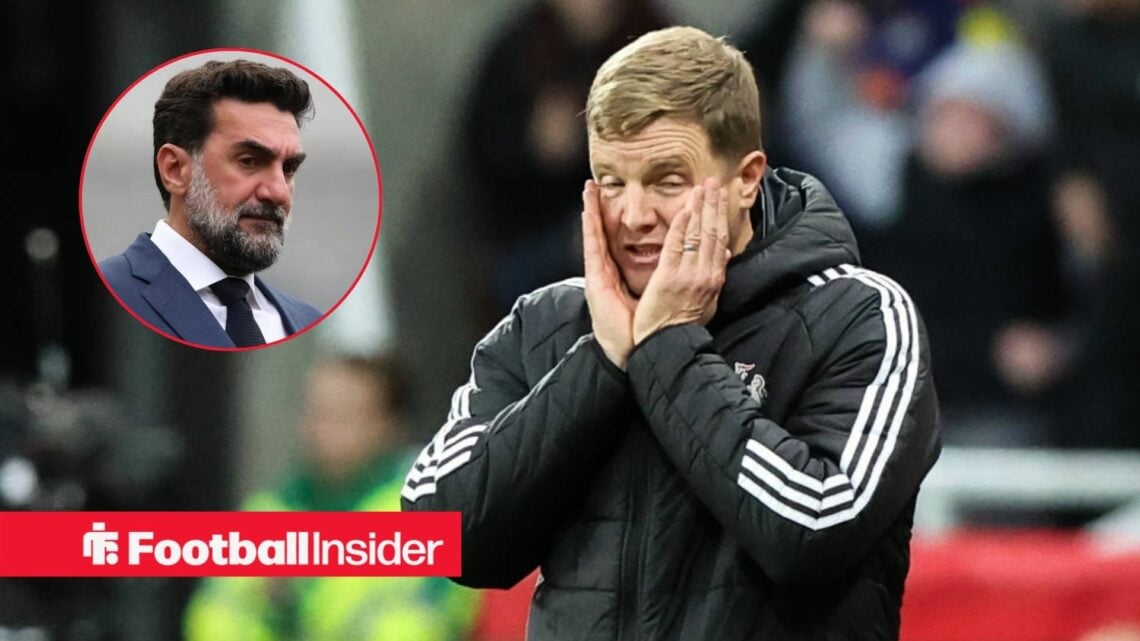 Eddie Howe looking upset with Yasir Al-Rumayyan included in a circular inset